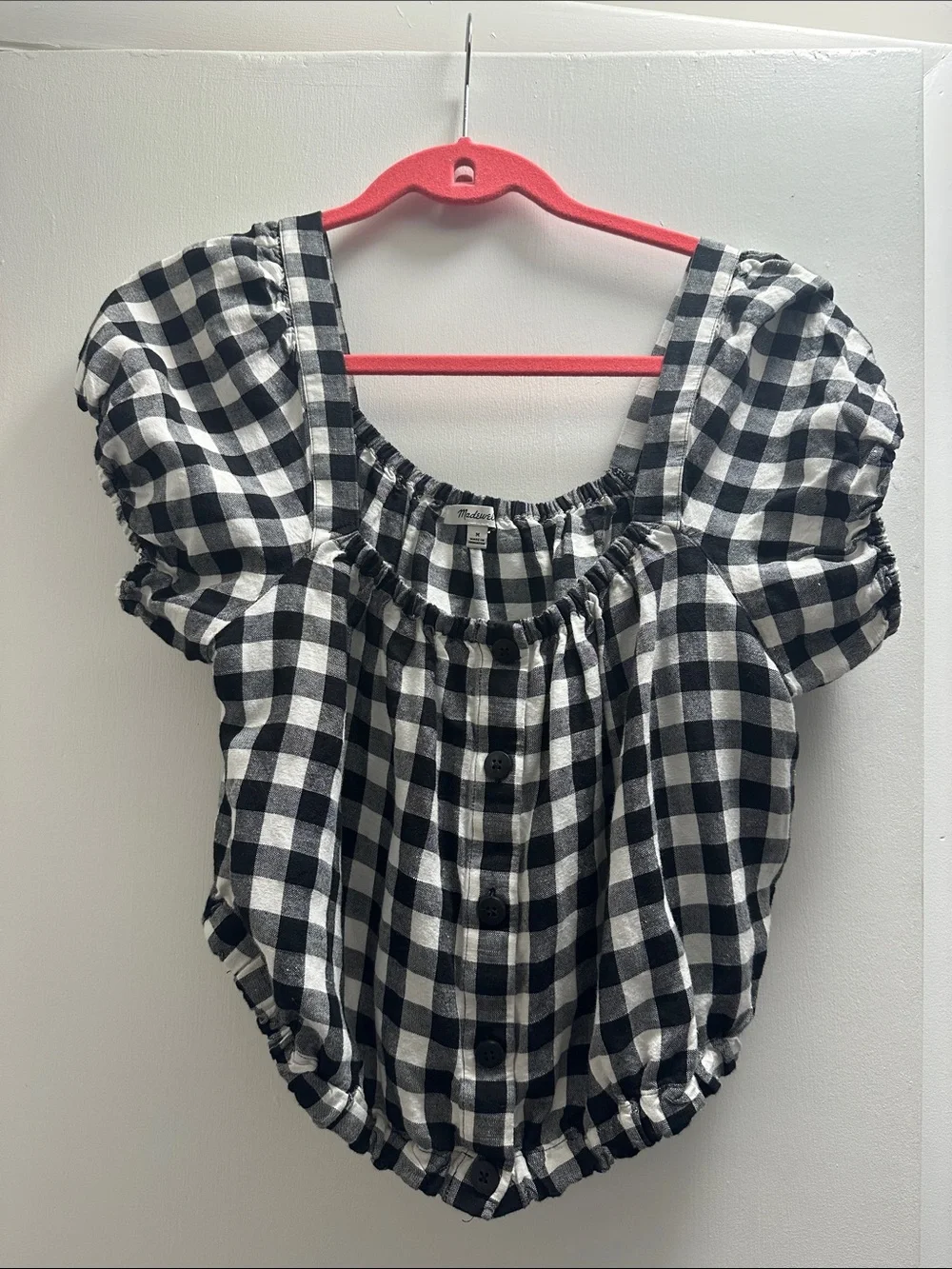 Madewell cropped Black & White Gingham Puff-Sleeve Blouse